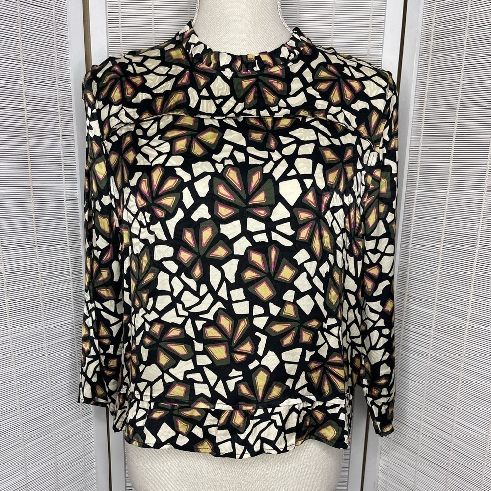 Ba&sh Milla Multicolor Abstract Ruffle Trim Viscose Blouse High Neck Size S